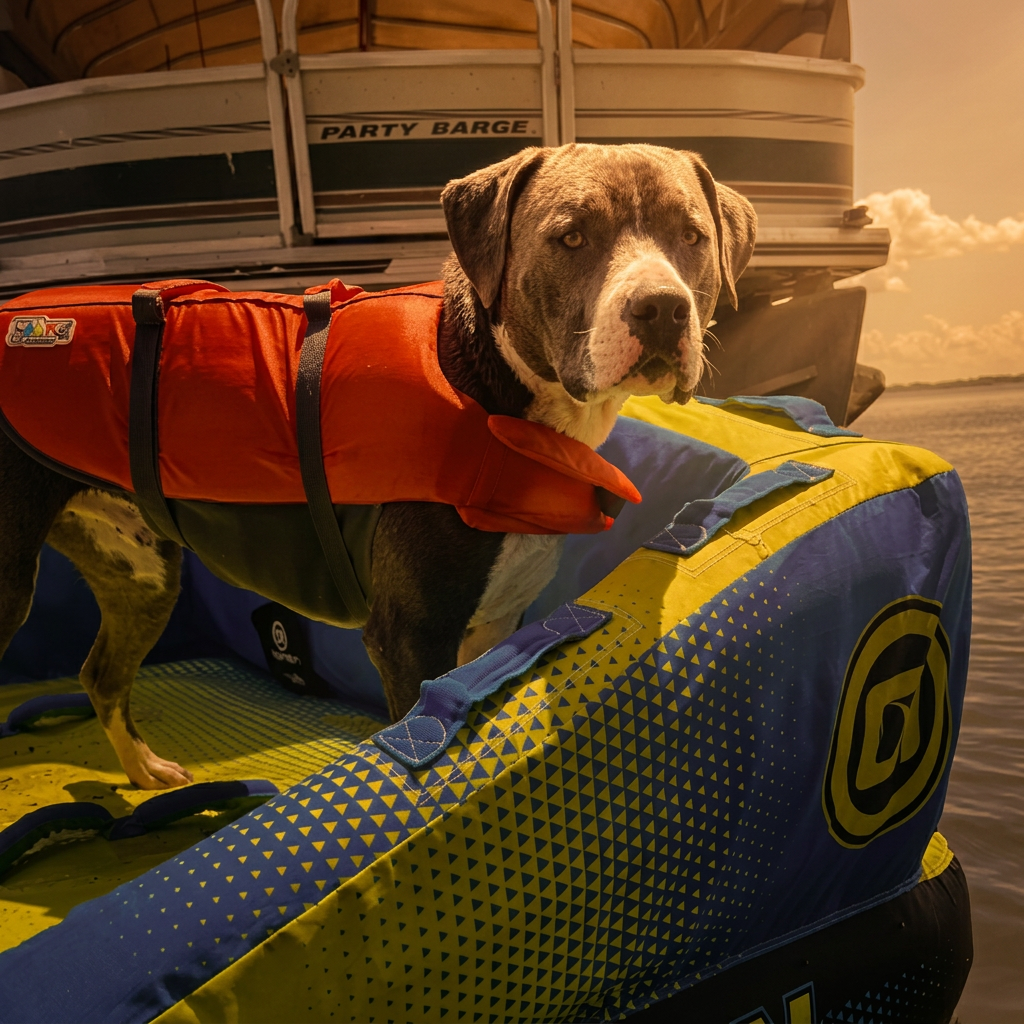 Rescue dog in a life vest on the water